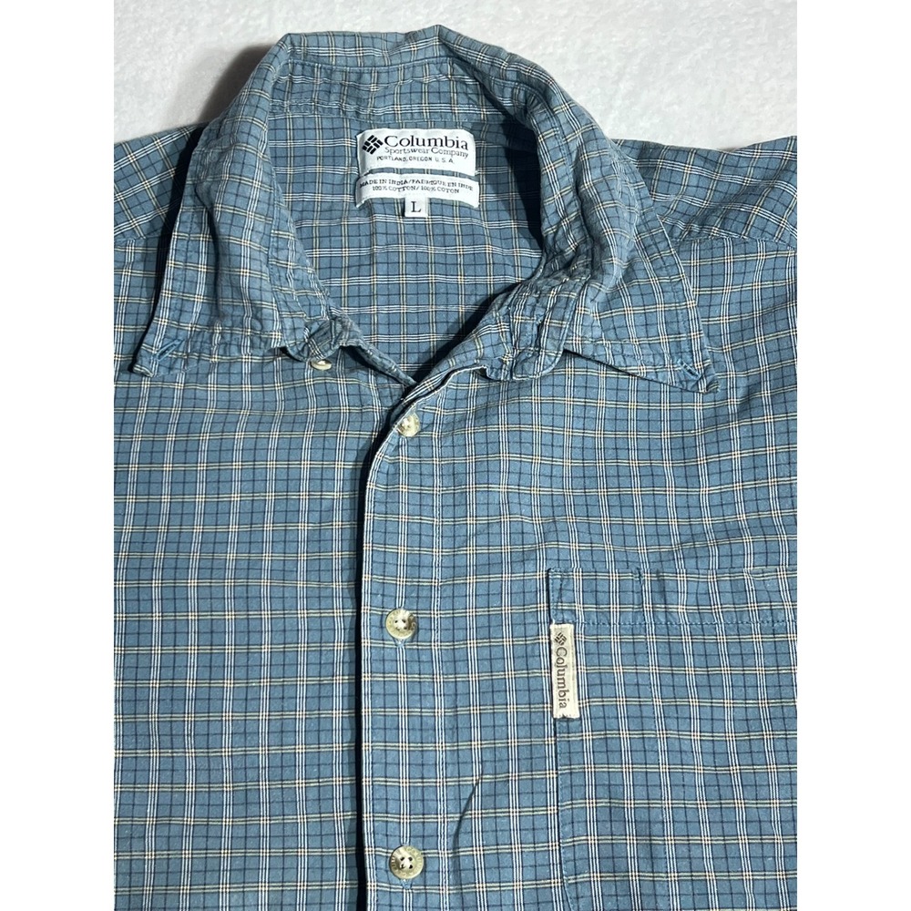 Columbia Sportswear Mens Blue Plaid Short Sleeve Button Down Cotton Shirt Large